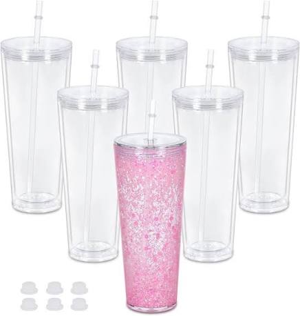 24 oz acrylic snow globe tumblers in clear and pink with lids and straws