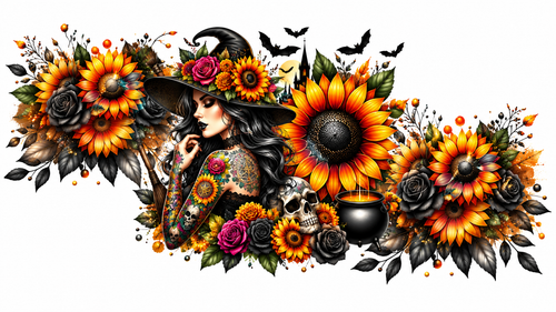 Autumn sunflower witch and skull tumbler wrap