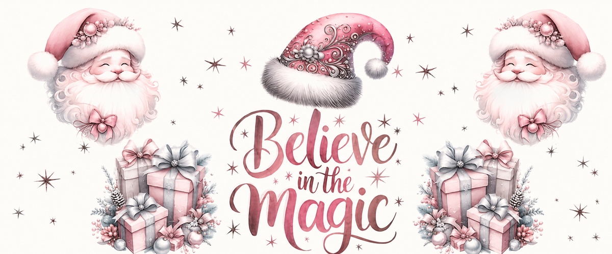 Believe in the Magic pink Santa and gifts Christmas tumbler wrap