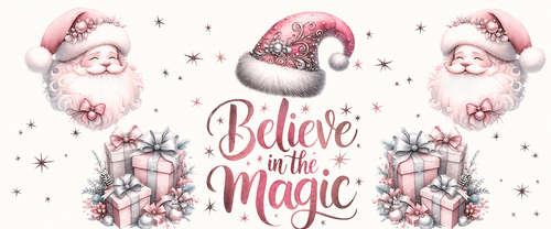 Believe in the Magic pink Santa and gifts Christmas tumbler wrap