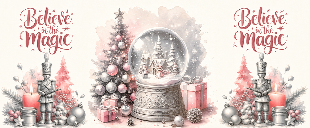 Believe in the Magic pink snow globe Christmas tumbler wrap