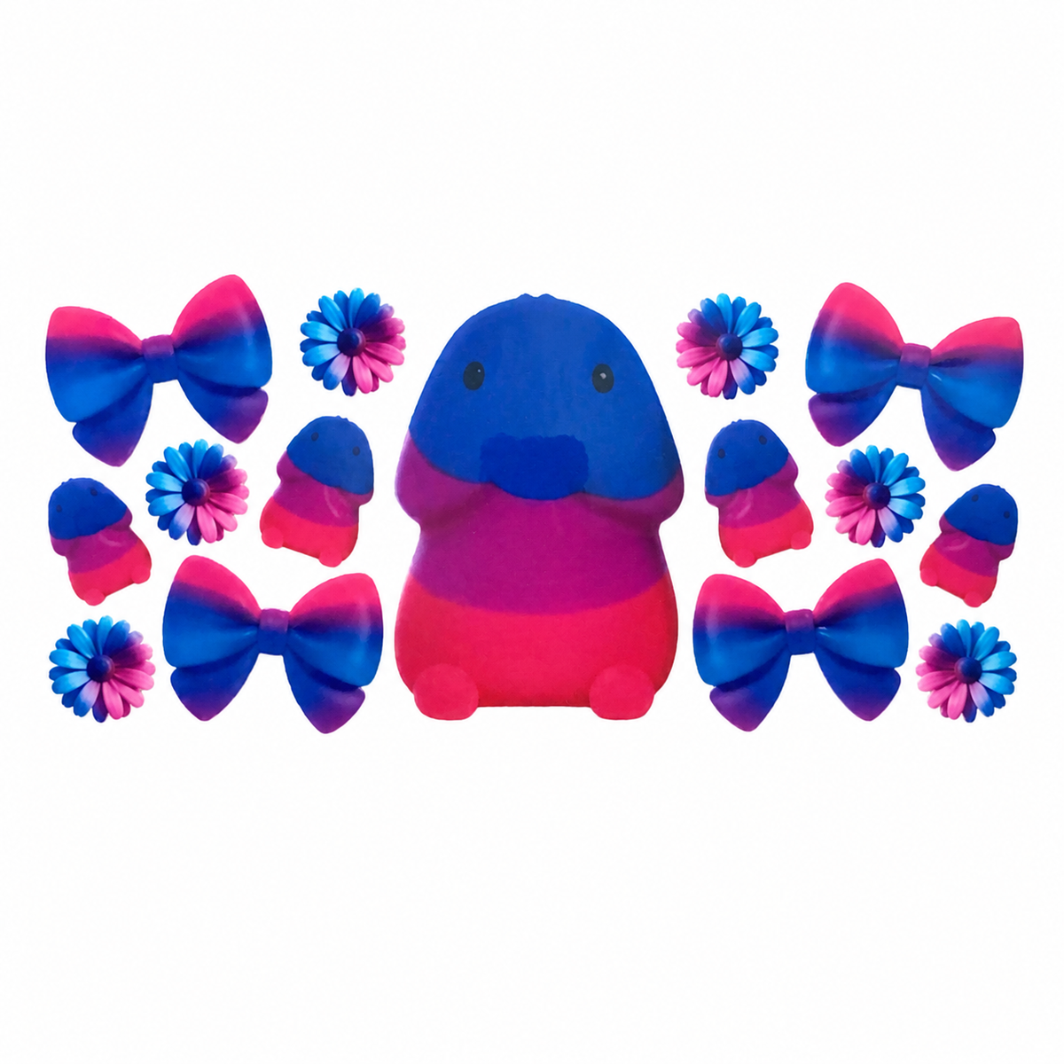 Blue and pink plush character with bows and flowers tumbler wrap