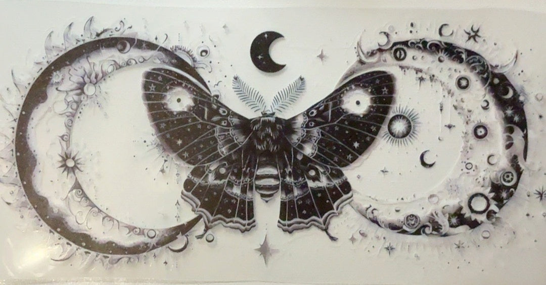 Black and white celestial moth and crescent moons fantasy tumbler wrap
