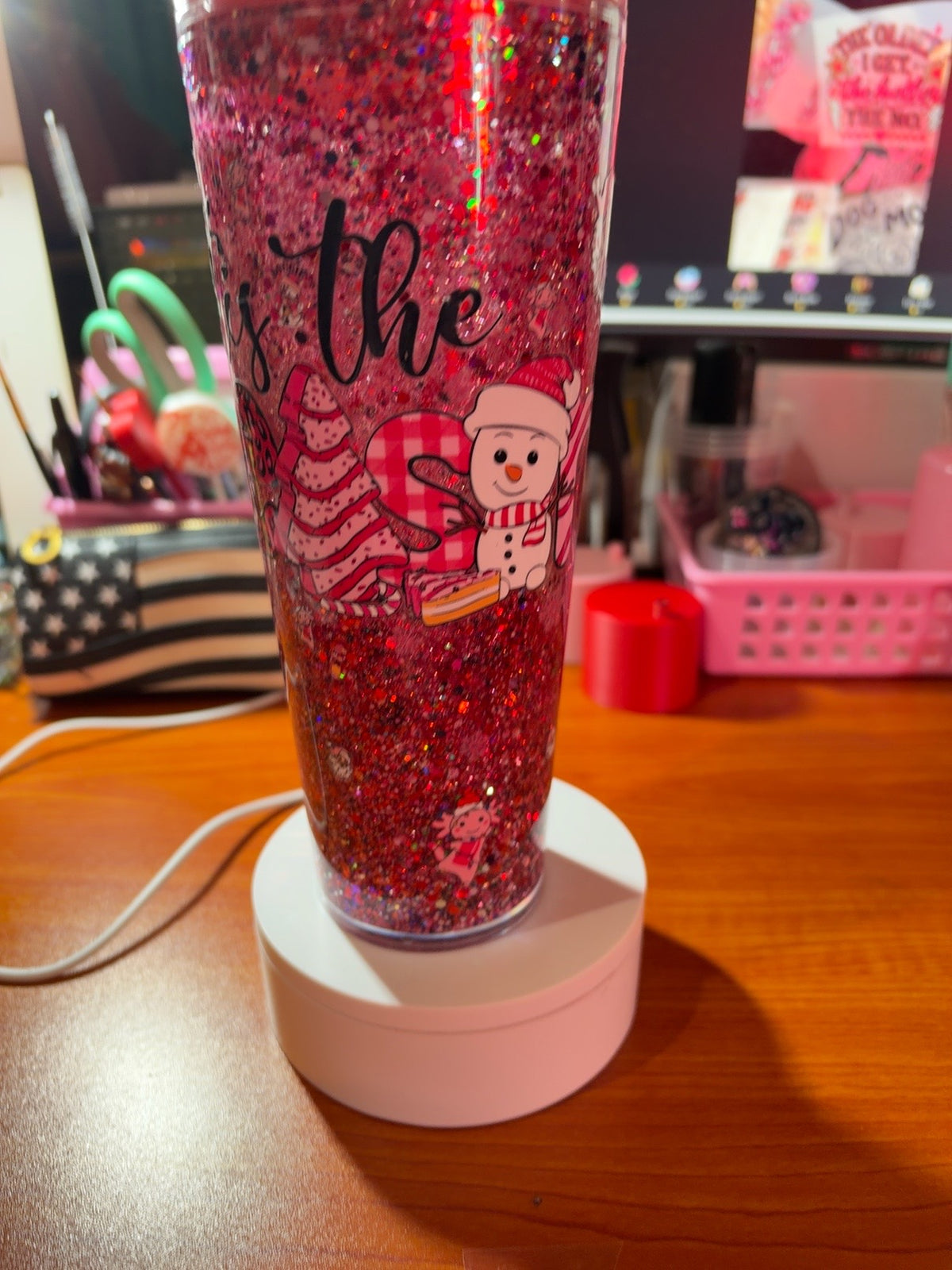 24 oz pink glitter Christmas snowman tumbler