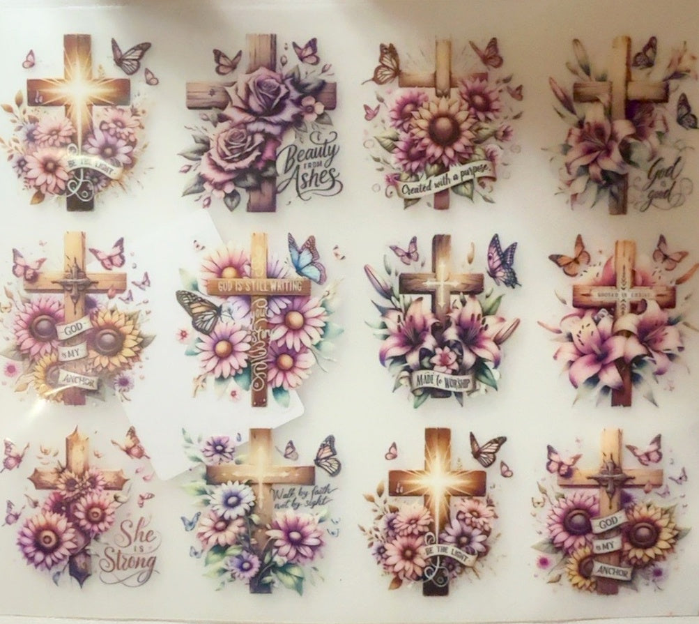 Faith tumbler wrap with floral crosses and butterflies