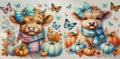 Fall tumbler wrap with two Highland cows wearing blue bows and scarves, pumpkins and butterflies