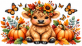 Fall tumbler wrap with cute Highland cow, pumpkins, autumn flowers and butterflies
