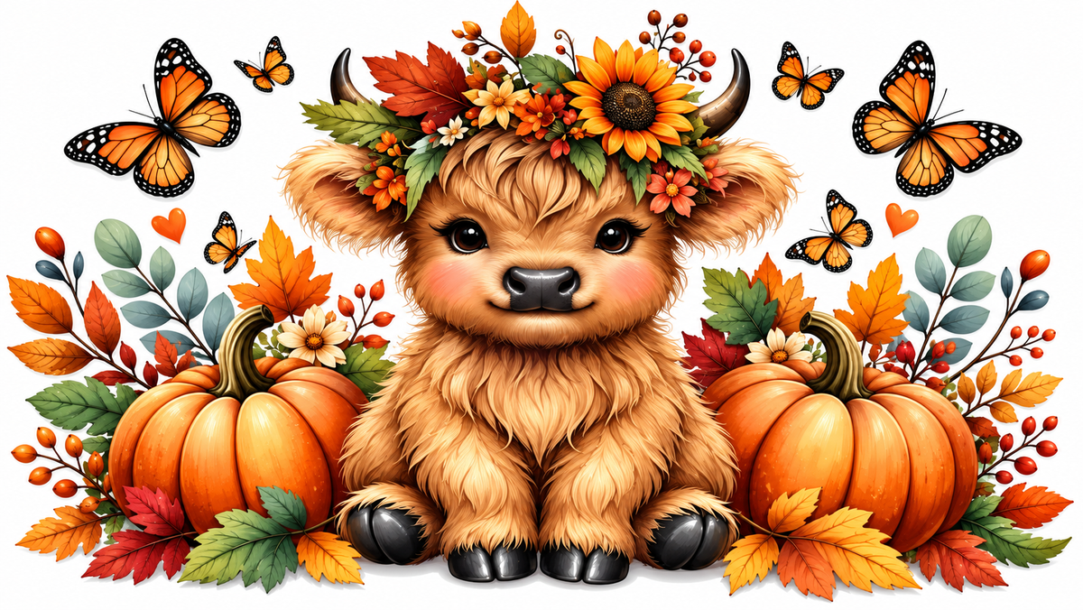 Fall tumbler wrap with cute Highland cow, pumpkins, autumn flowers and butterflies