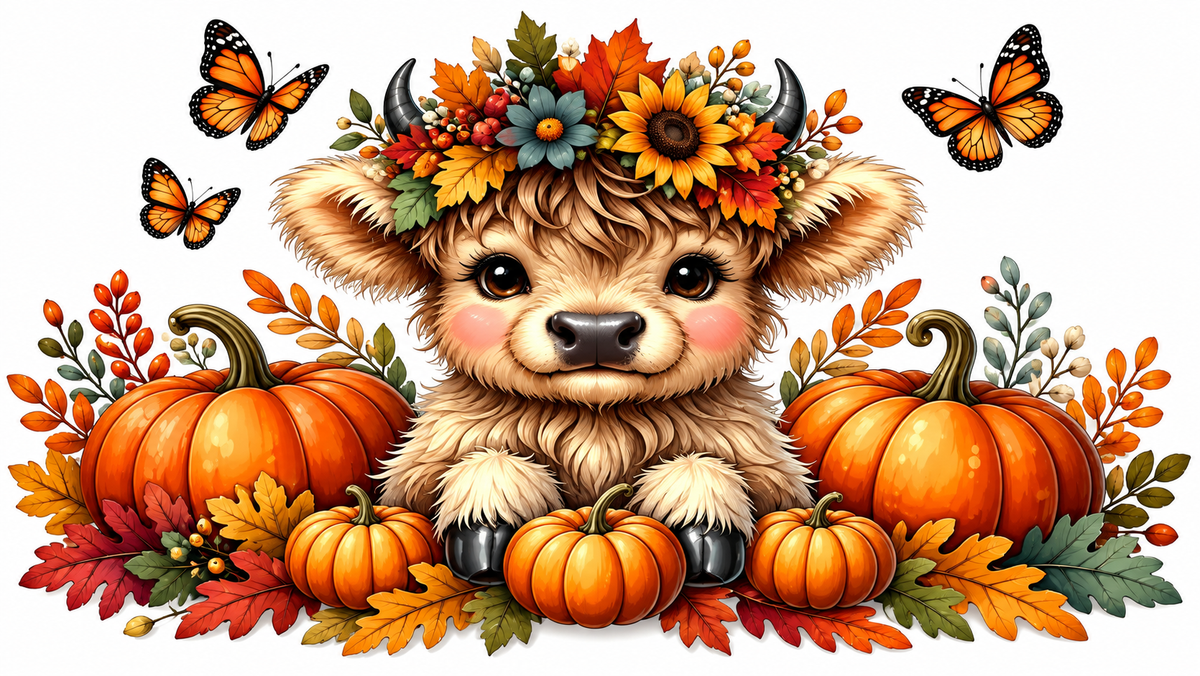 Fall tumbler wrap with cute Highland cow, pumpkins, autumn leaves and butterflies