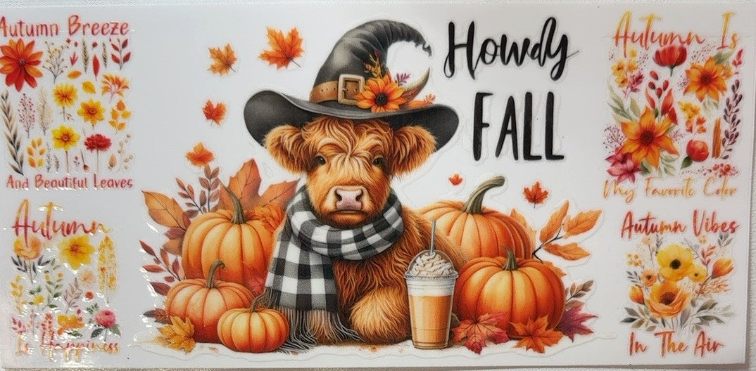 Howdy Fall Highland cow with witch hat, pumpkins and autumn flowers tumbler wrap