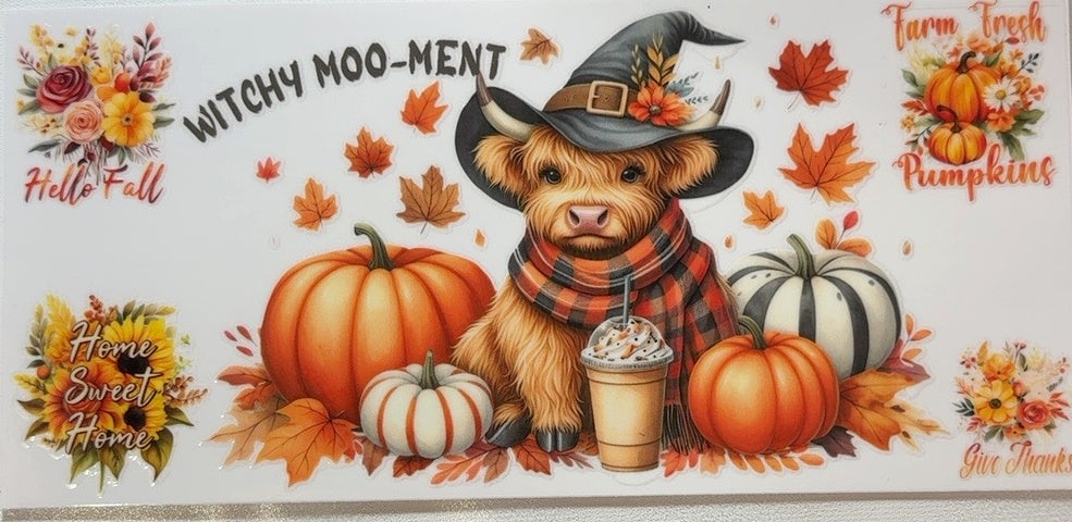 Witchy Moo-ment Highland cow fall tumbler wrap with pumpkins and autumn leaves