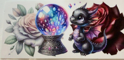 Baby dragon with crystal ball and roses fantasy tumbler wrap