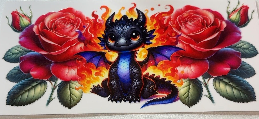 Baby fire dragon with red roses fantasy tumbler wrap