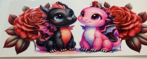 Black and pink baby dragons with red roses fantasy tumbler wrap
