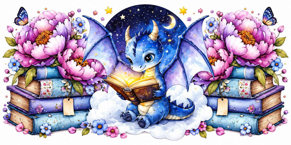 Blue baby dragon reading a glowing book fantasy tumbler wrap