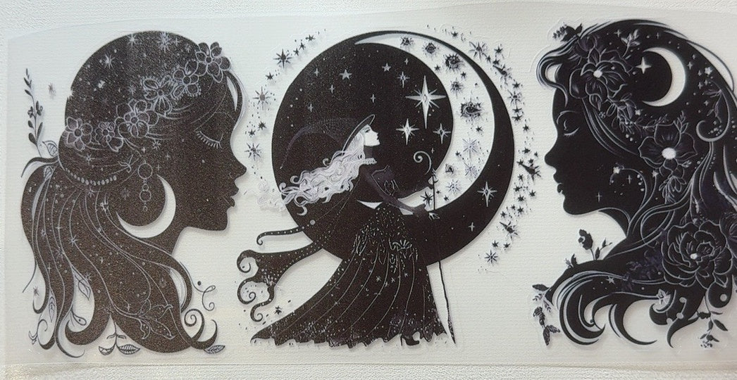 Black and white celestial witch and moon silhouette fantasy tumbler wrap