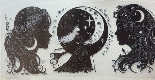 Black and white celestial witch and moon silhouette fantasy tumbler wrap