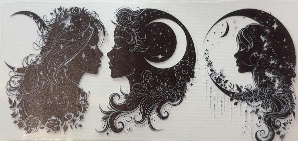 Black and white celestial women and crescent moons fantasy tumbler wrap