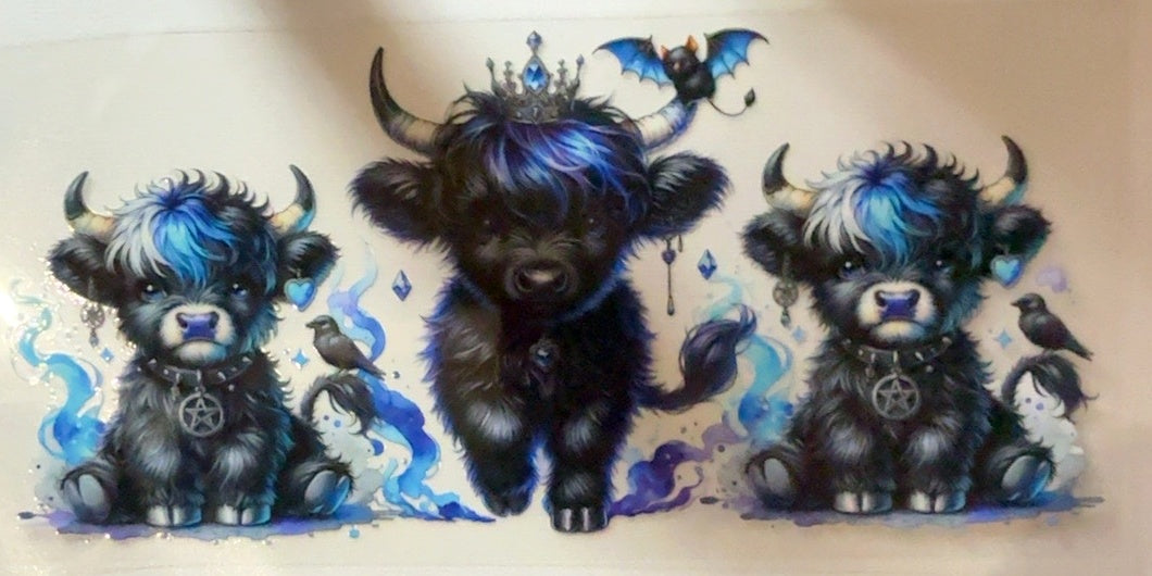 Crowned blue and black Highland cows fantasy tumbler wrap