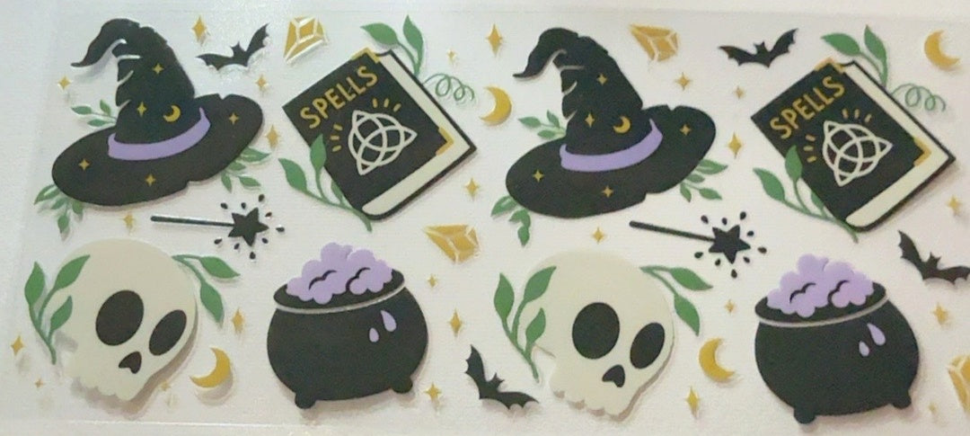 Cute witch hats, spell books, skulls, cauldrons and bats fantasy tumbler wrap