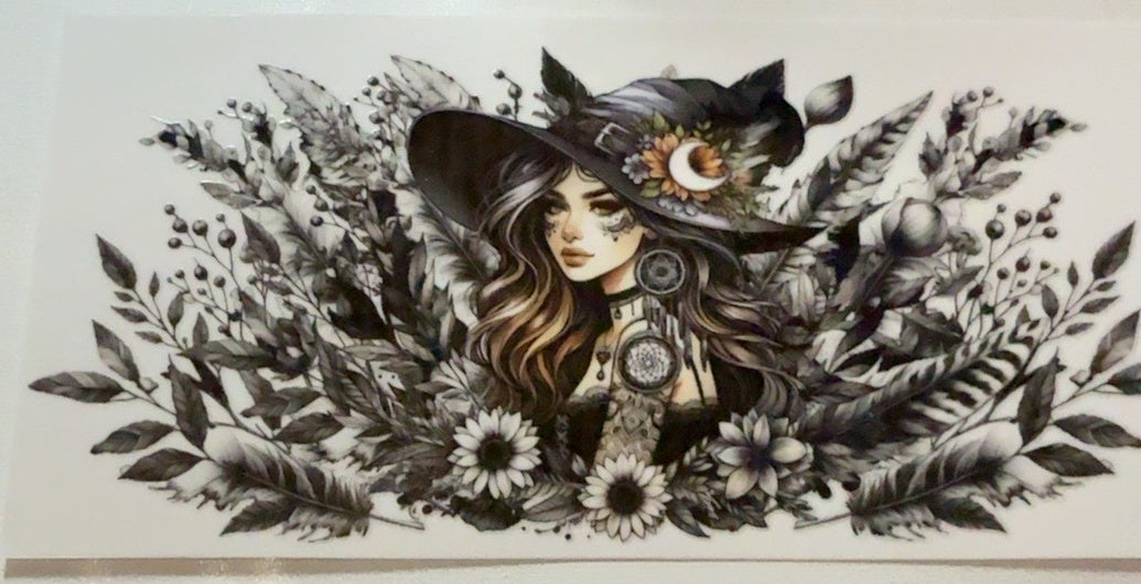 Monochrome witch with botanical flowers fantasy tumbler wrap