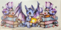 Purple dragon reading a glowing book with pastel flowers and stacked books fantasy tumbler wrap