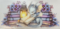 Sleepy blue dragon reading beside a glowing lantern, pastel flowers and stacked books fantasy tumbler wrap