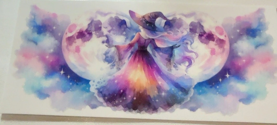 Watercolor moon witch fantasy tumbler wrap in pink blue and purple