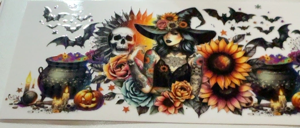 Fantasy witch, cauldrons, skull, bats and sunflowers tumbler wrap