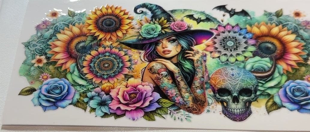 Fantasy witch with skull sunflowers and colorful flowers tumbler wrap