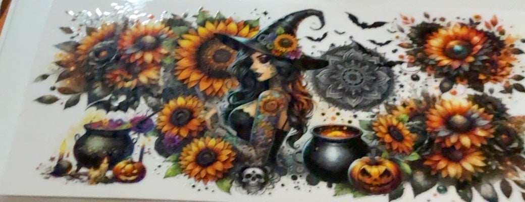 Fantasy witch with sunflowers cauldron pumpkins bats tumbler wrap