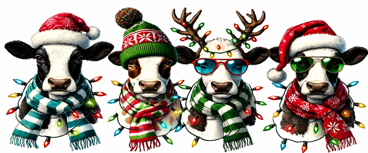 Four festive cows in Christmas lights tumbler wrap