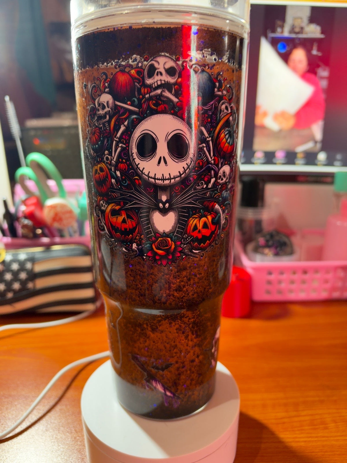 40 oz Halloween skeleton and pumpkins glitter tumbler