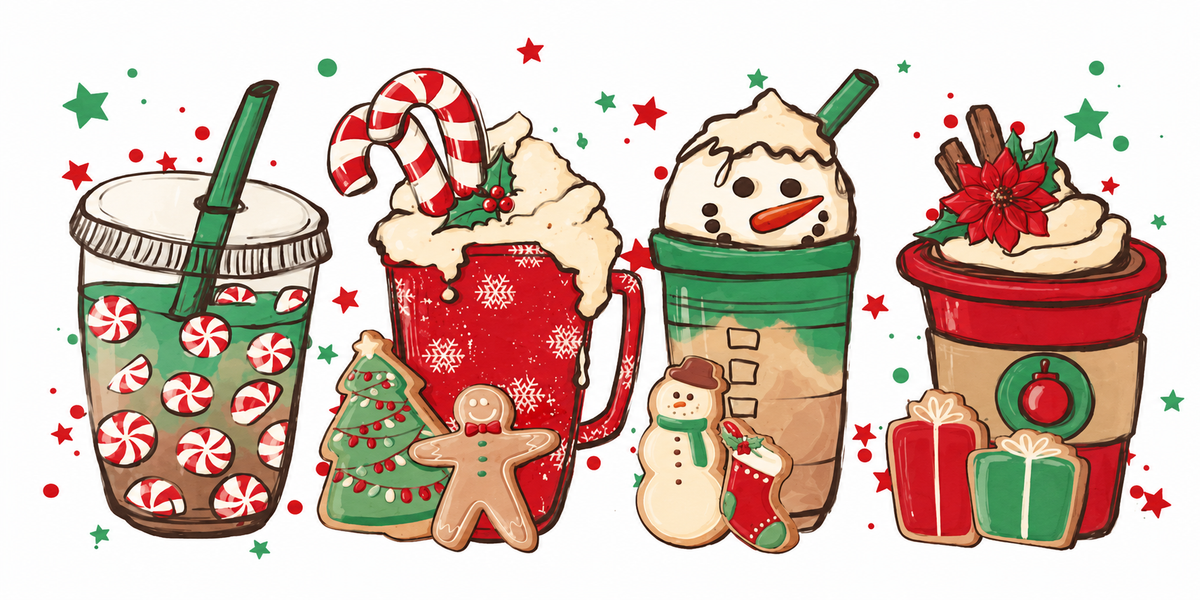 Hand-drawn holiday drinks tumbler wrap