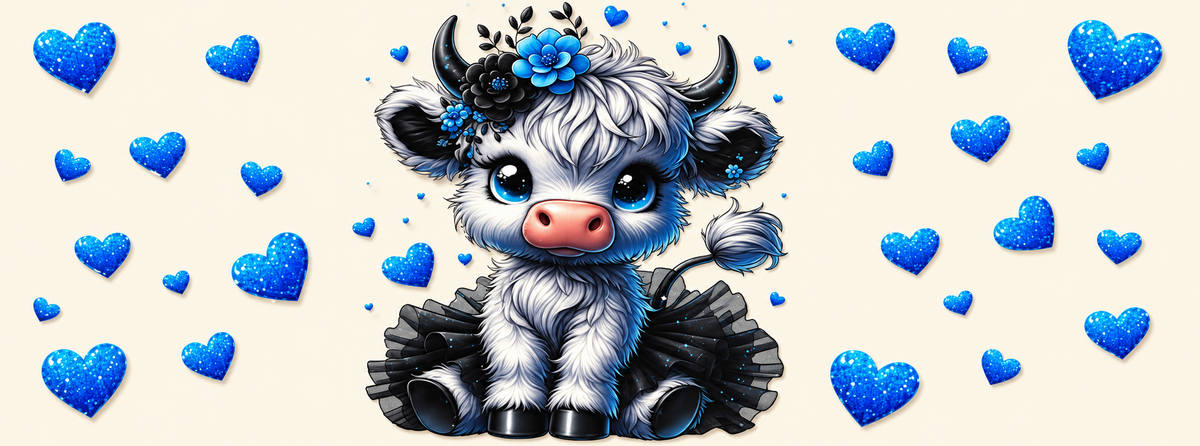 Highland cow with blue hearts tumbler wrap