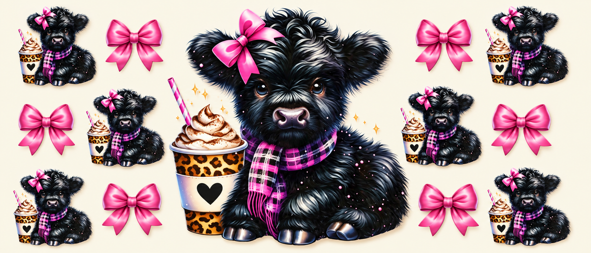 Black Highland cow with coffee and pink bows tumbler wrap