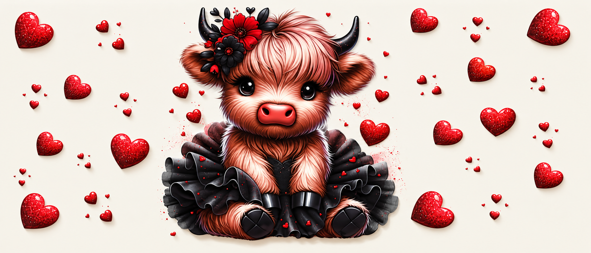 Highland cow in black tutu with red hearts tumbler wrap
