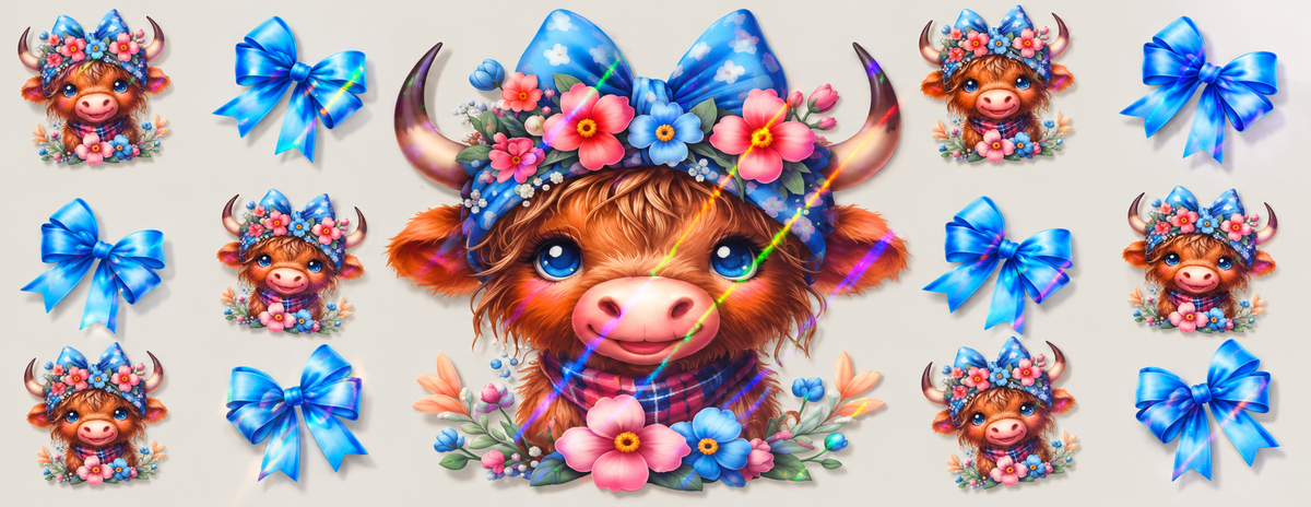 Holographic Highland Cow Floral Tumbler Wrap