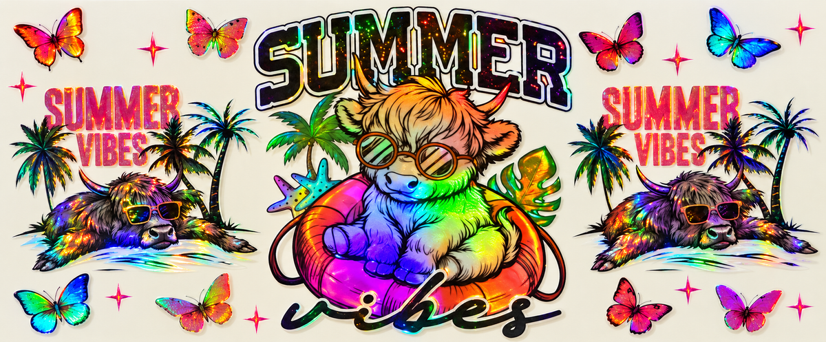Holographic Summer Cow Beach Tumbler Wrap