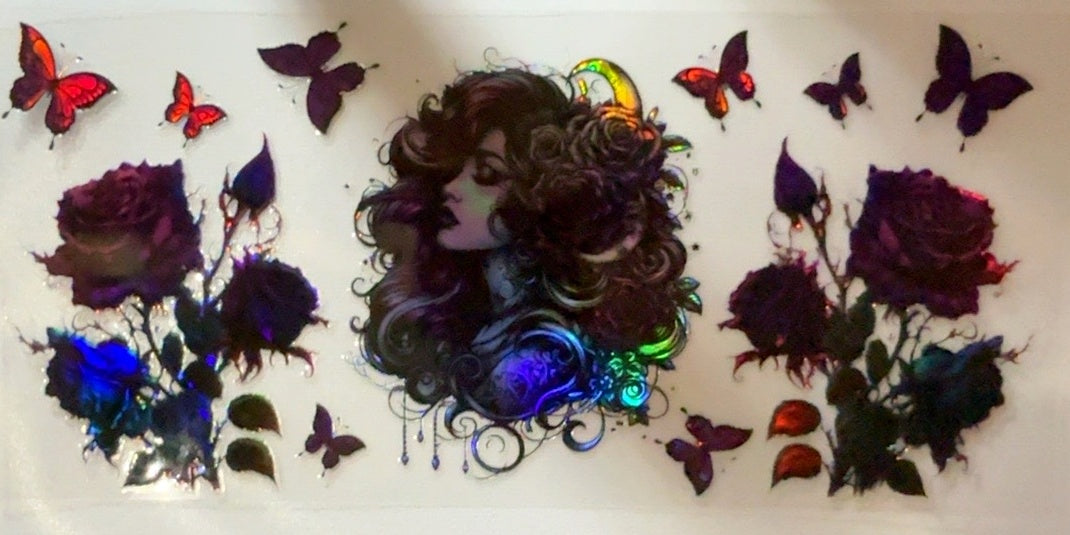 Holographic fantasy woman with roses and butterflies tumbler wrap