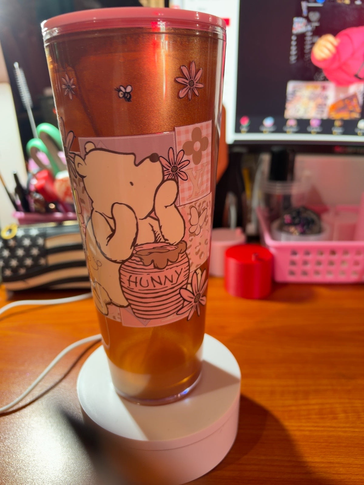 24 oz honey bear floral tumbler with pink lid