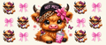 Hot Mess Highland cow with pink bows and bubble tea tumbler wrap