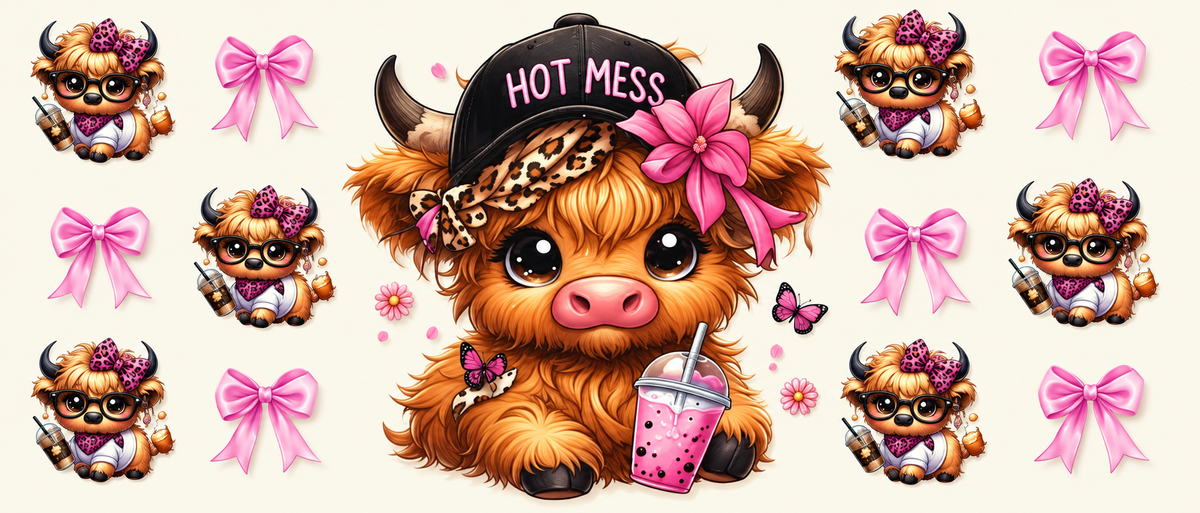 Hot Mess Highland cow with pink bows and bubble tea tumbler wrap