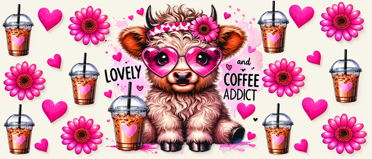 Lovely Highland cow coffee addict pink floral tumbler wrap