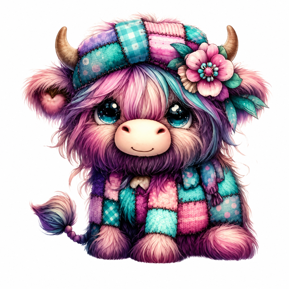 Patchwork Highland Cow Flower Hat tumbler wrap
