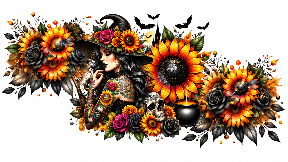 Cleaned sunflower witch with skull and cauldron fantasy tumbler wrap
