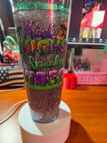24 oz glitter Halloween tumbler with Thick Thighs Spooky Vibes lettering