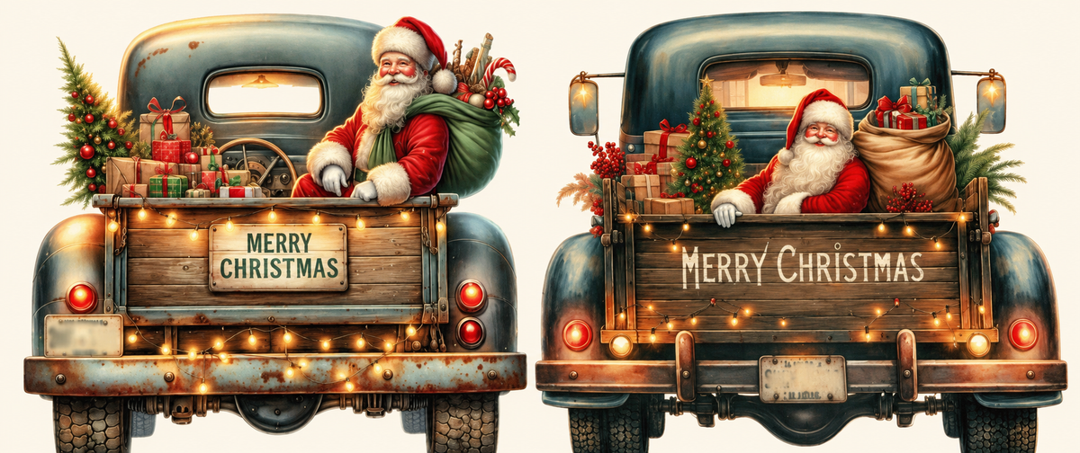 Vintage blue Santa trucks Christmas tumbler wrap