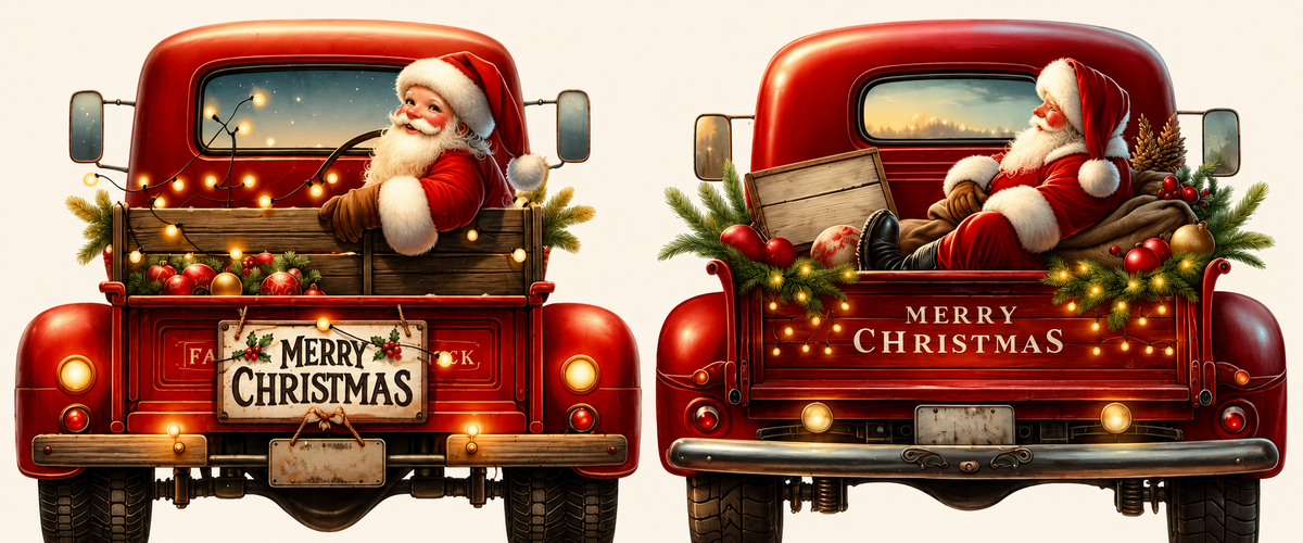 Vintage red Santa pickup pair Christmas tumbler wrap