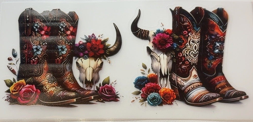 Western boots, floral cow skull and saddle tumbler wrap